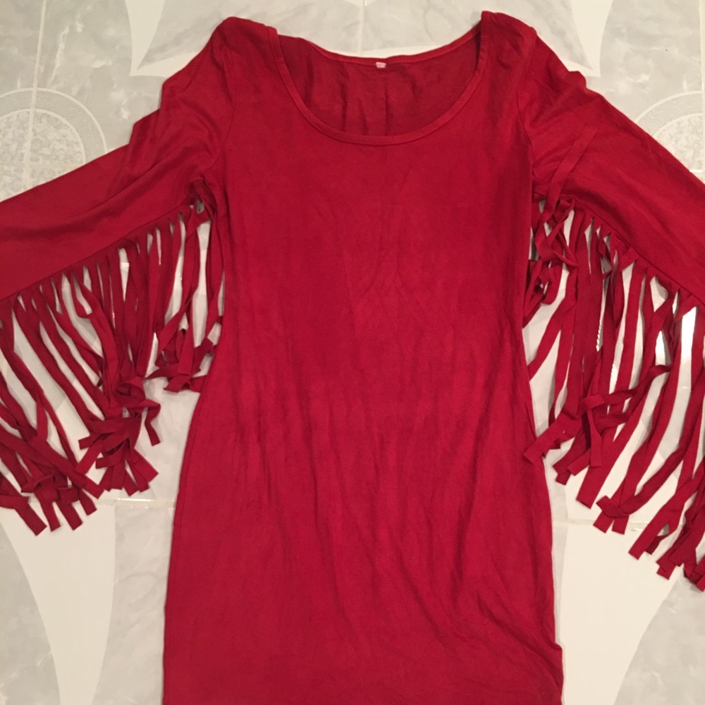 Red Faux Suede Fringed Sleeve Dress